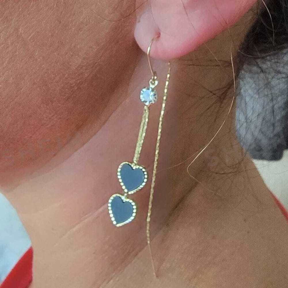 Gold Tone Rhinestone Heart Vday Valentine's Threader Earrings - Picture 5 of 6